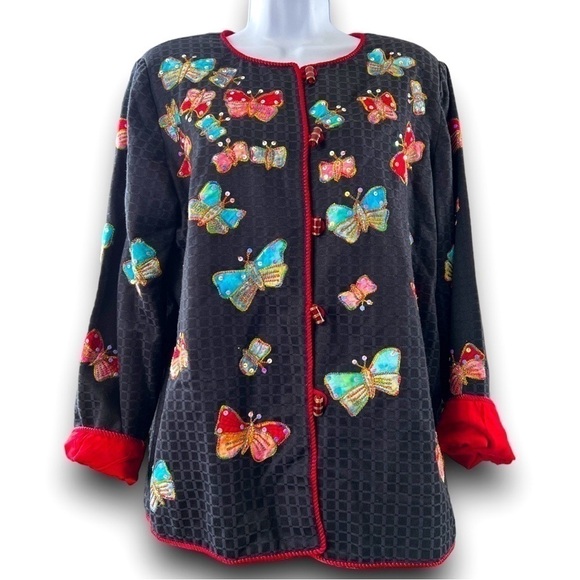 INDIGO Moon Multi Color Butterfly Metallic Thread Sequin Button Up Blazer Size S - Picture 1 of 14